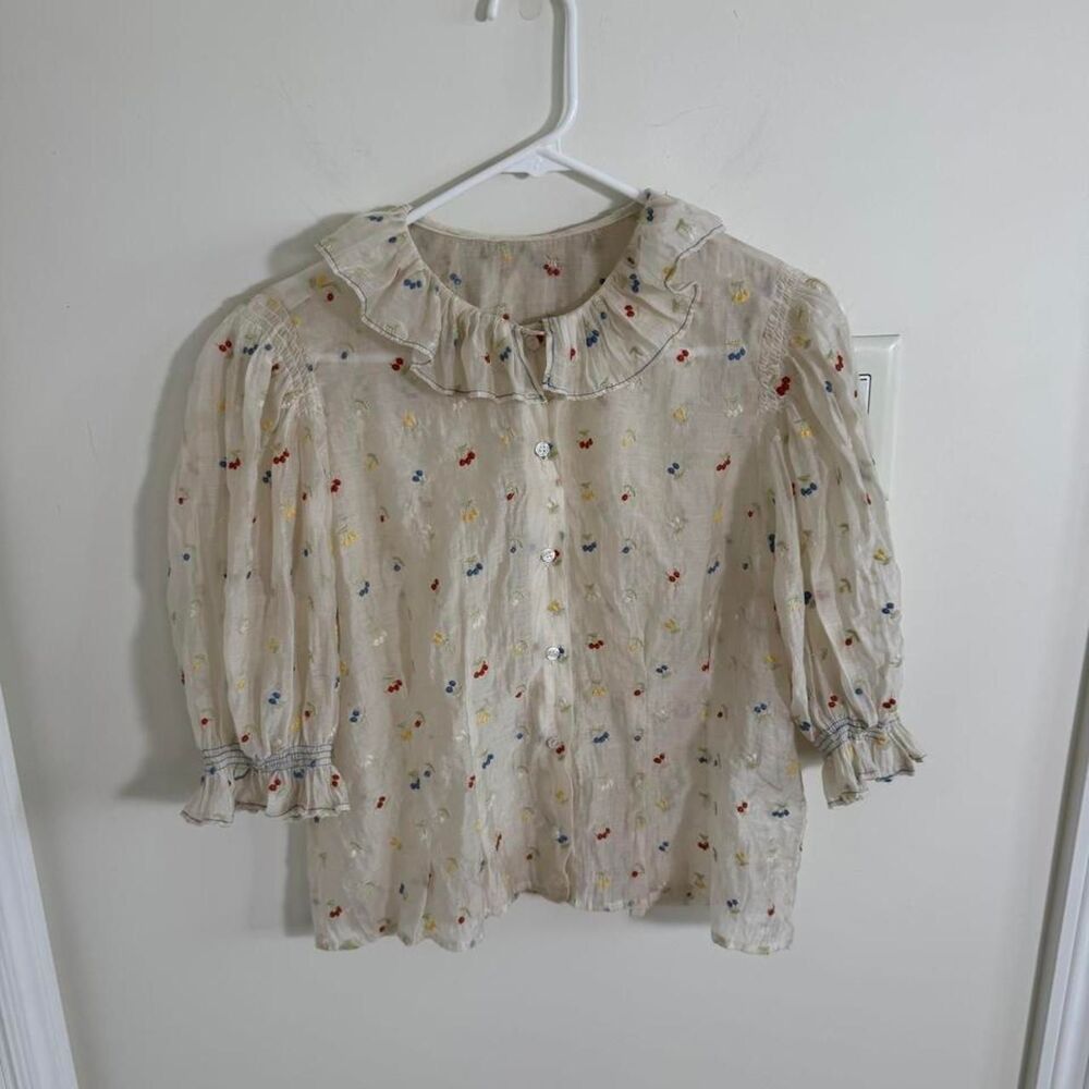 Cherry Embroidered Sheer Button Up Collared Blouse